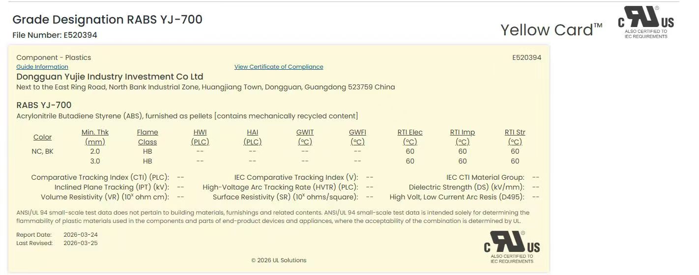 Yujie Industry, PCR serisi kapsamında ilk RABS ve UL 94 sarı kartını almıştır.